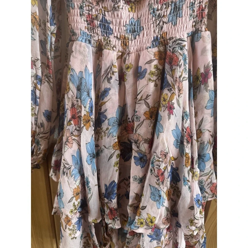 Gilner Farrar Pink Floral Mini Dress Off The Shoulder Ruffled Neckline Size XS‎